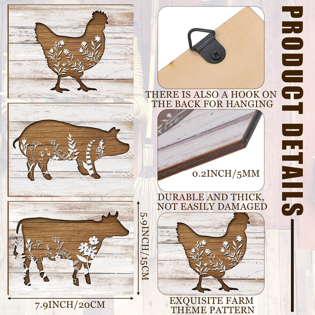 Jetec 3 Pieces Farmhouse Kitchen Signs Cow Rooster and Pig Decors 7.9 x 5.9 Inch Rustic Wooden Signs Country Wall Decorations for Kitchen Wall Decor and Home Decor (Cute Style) Jetec