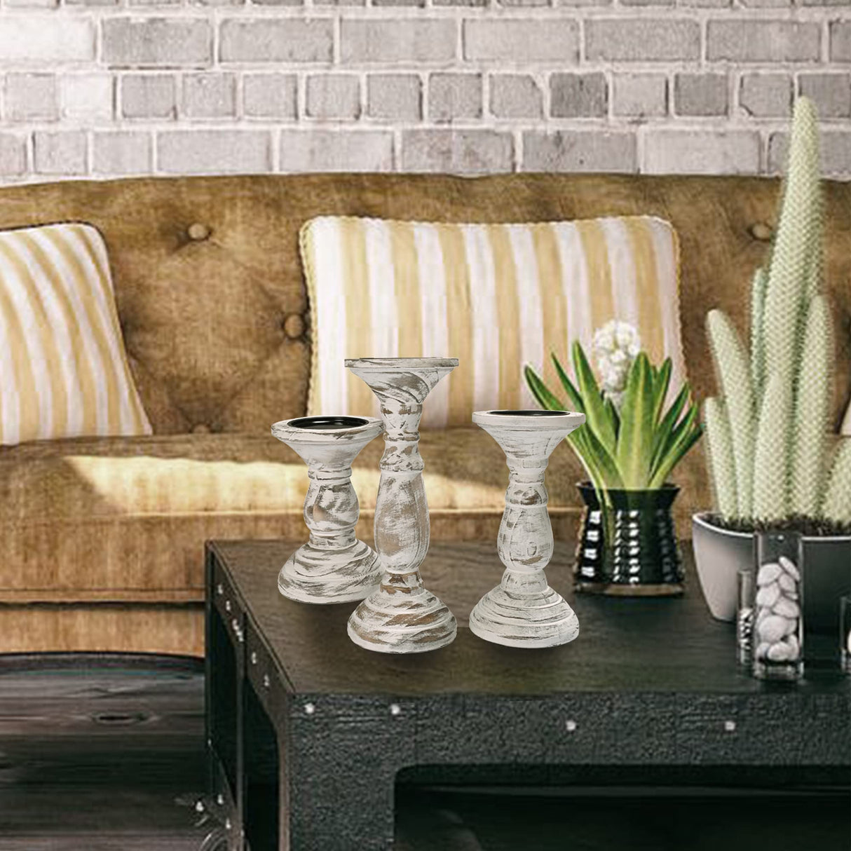 Yorkmills Pillar Candle Holder Set of 3, Farmhouse Decor Living Room Tall Candle Holders for Pillar Candles, Wood Candle Holders for Table Centerpieces White Home Decor Kitchen Dining Room Table Decor Yorkmills