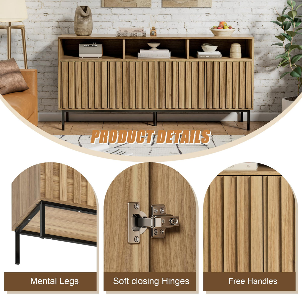 UEV Mid Century Modern Sideboard Buffet Cabinet with Storage, 61.4'' Fluted Sideboard Cabinet,Wood Buffet Cabinet with Metal Legs,Accent Credenza Storage Cabinet with 4 Doors and Spacious Top(Wood) UEV