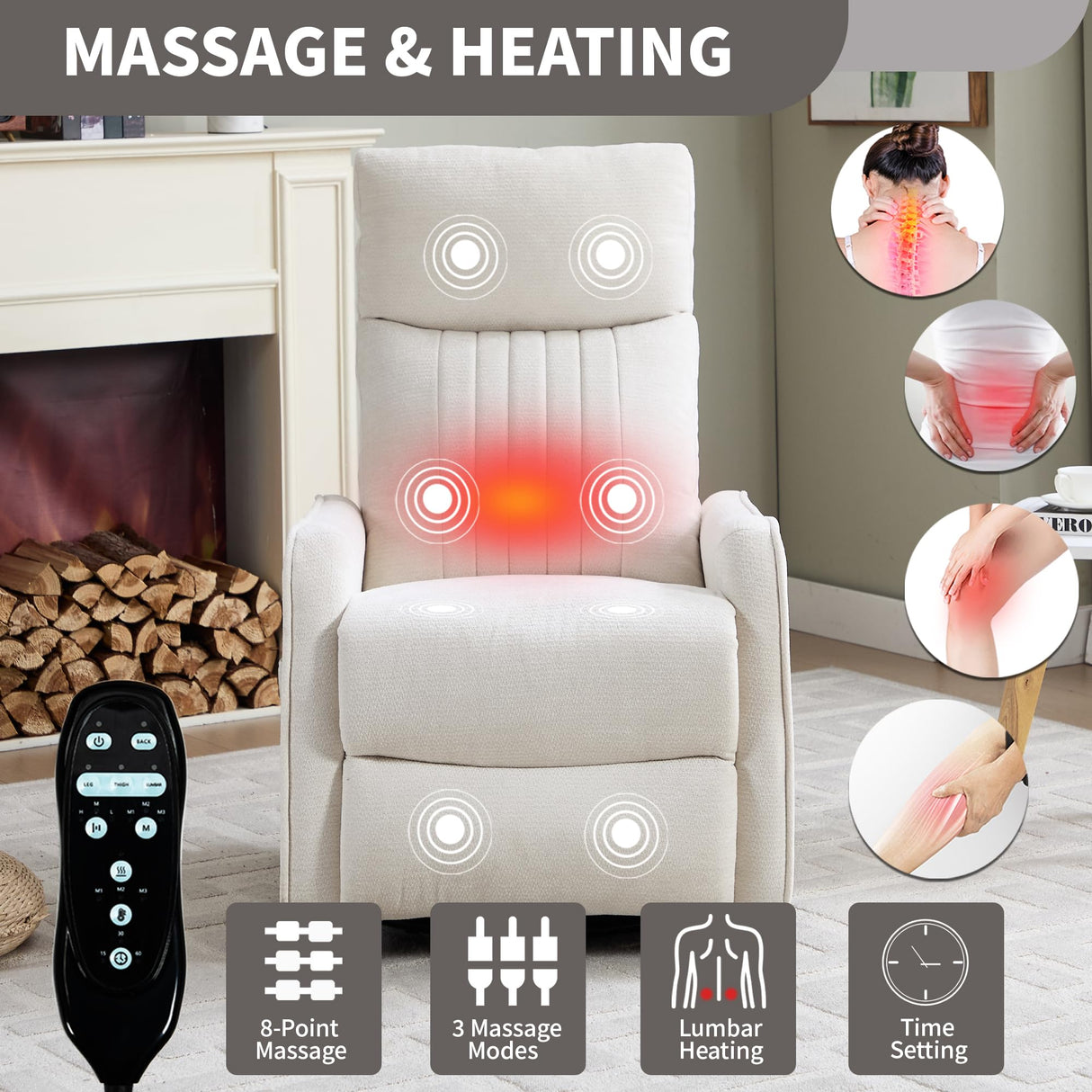 PELUMY Recliner Chair Swivel Rocking with Heat Massage - 360° Manual Recliner, 8-Point Vibrating & Lumbar Heat, Easy Assembly Chair for Living Room (Chenille, Beige) PELUMY