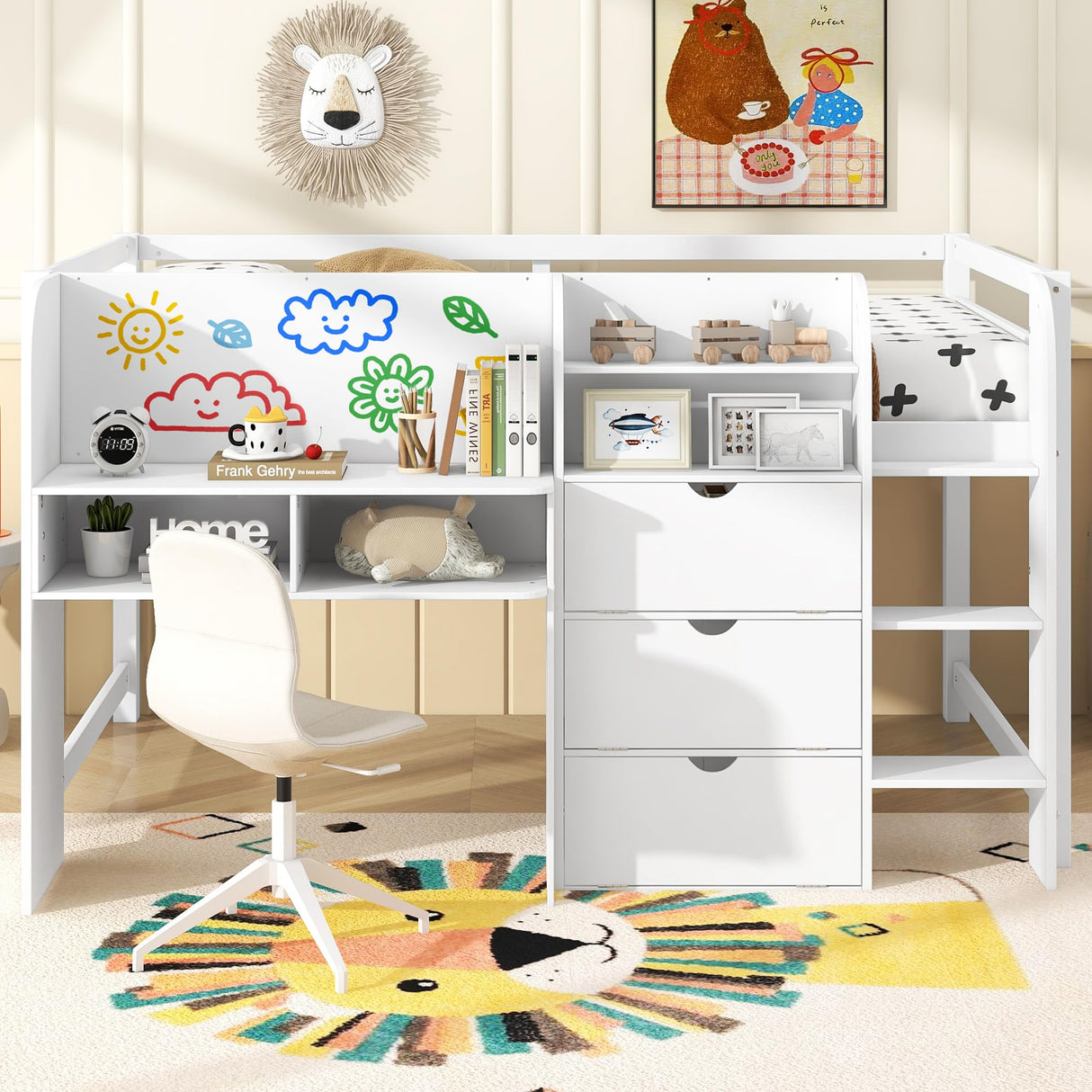 SOFTSEA Full Size Low Loft Bed with Desk & Storage, Solid Wood Loft Bed with Drop-Down Cabinets, Open Shelves & Whiteboard for Kids Juniors Boys Girls, White SOFTSEA