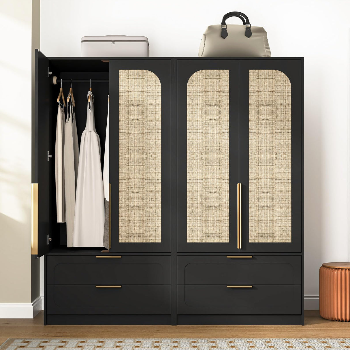 UZUGUL Armoire Wardrobe Closet with Door and 2 Drawer, Black Bedroom Armoire Cabinet with Hanging Rod,Wooden Wardrobe Storage Cabinet Closet with Large Storage for Bedroom (Black) UZUGUL