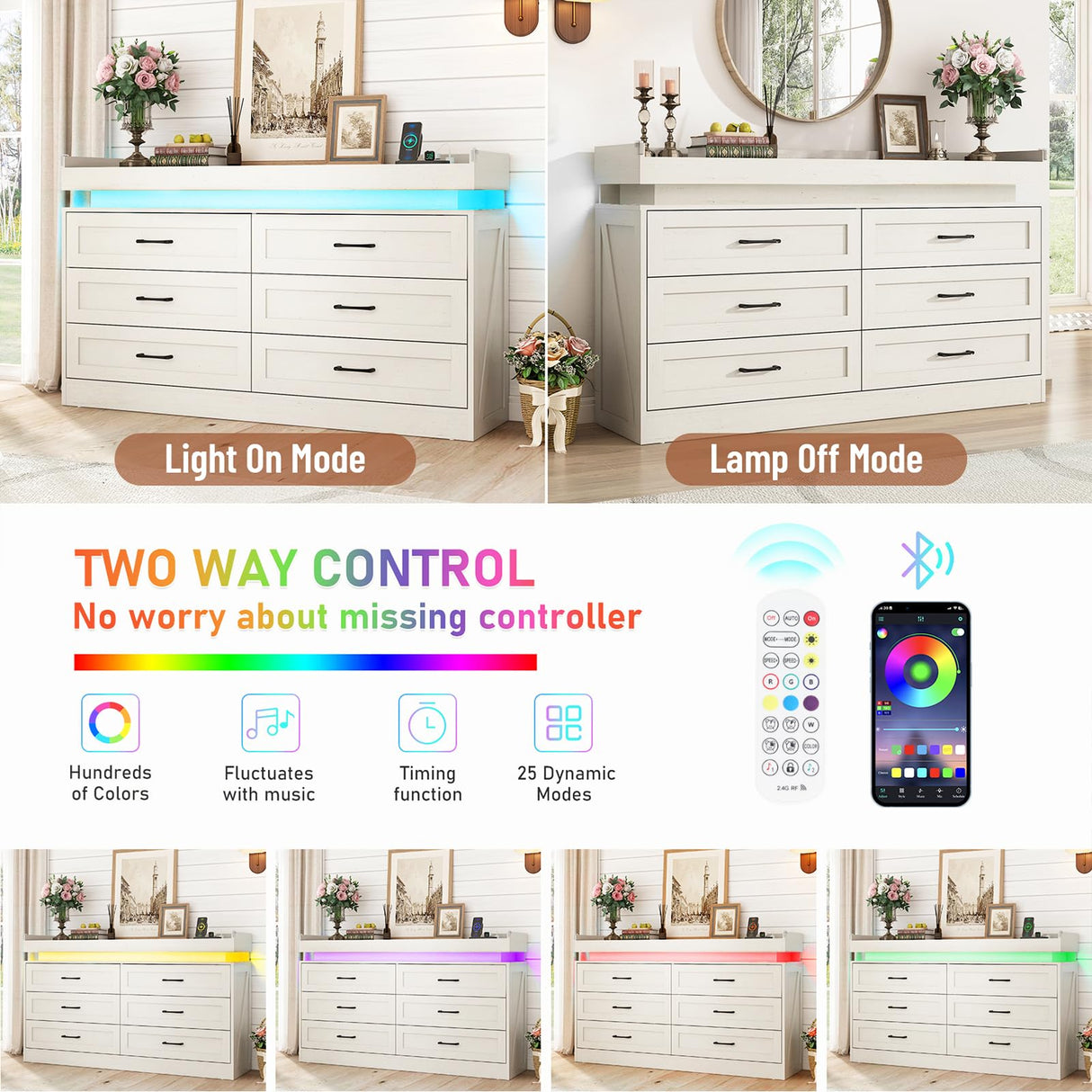 Hlivelood 59" Large Farmhouse 6 Drawers Dresser for Bedroom,Wide Wood Rustic 6 Chests of Drawers for Closet,with LED Light and Power Outlets,Tall Storage Dresser Organizer for Bedroom(White) Hlivelood