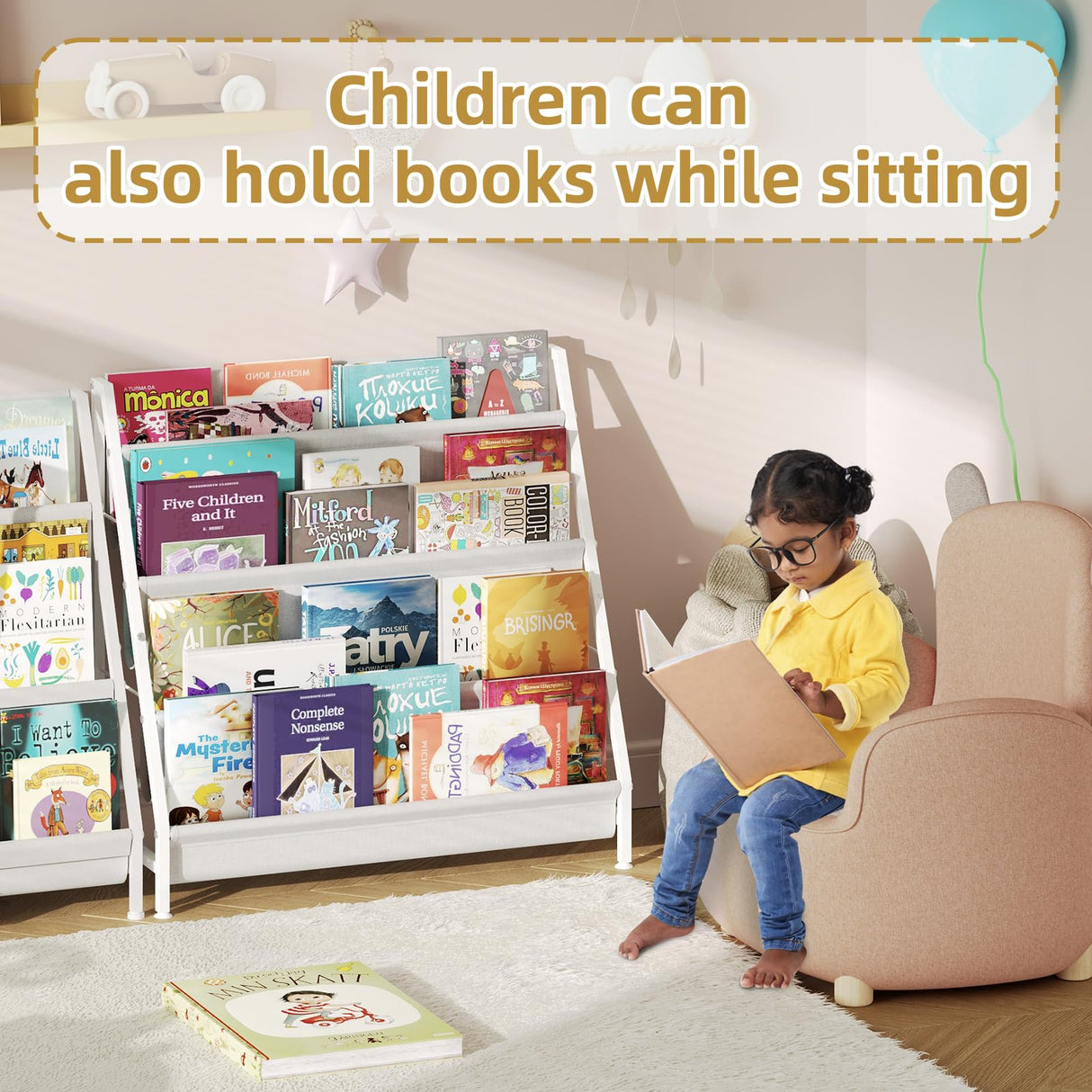 Aokitsink Kids Bookcases Montessori Bookshelf Nursery Book Shelves and Toy Storage Childrens Toddler Bookshelf Sturdy Metal Kid's Toy Storage Organizer for Kids' Rooms Playroom Kindergarten Aokitsink