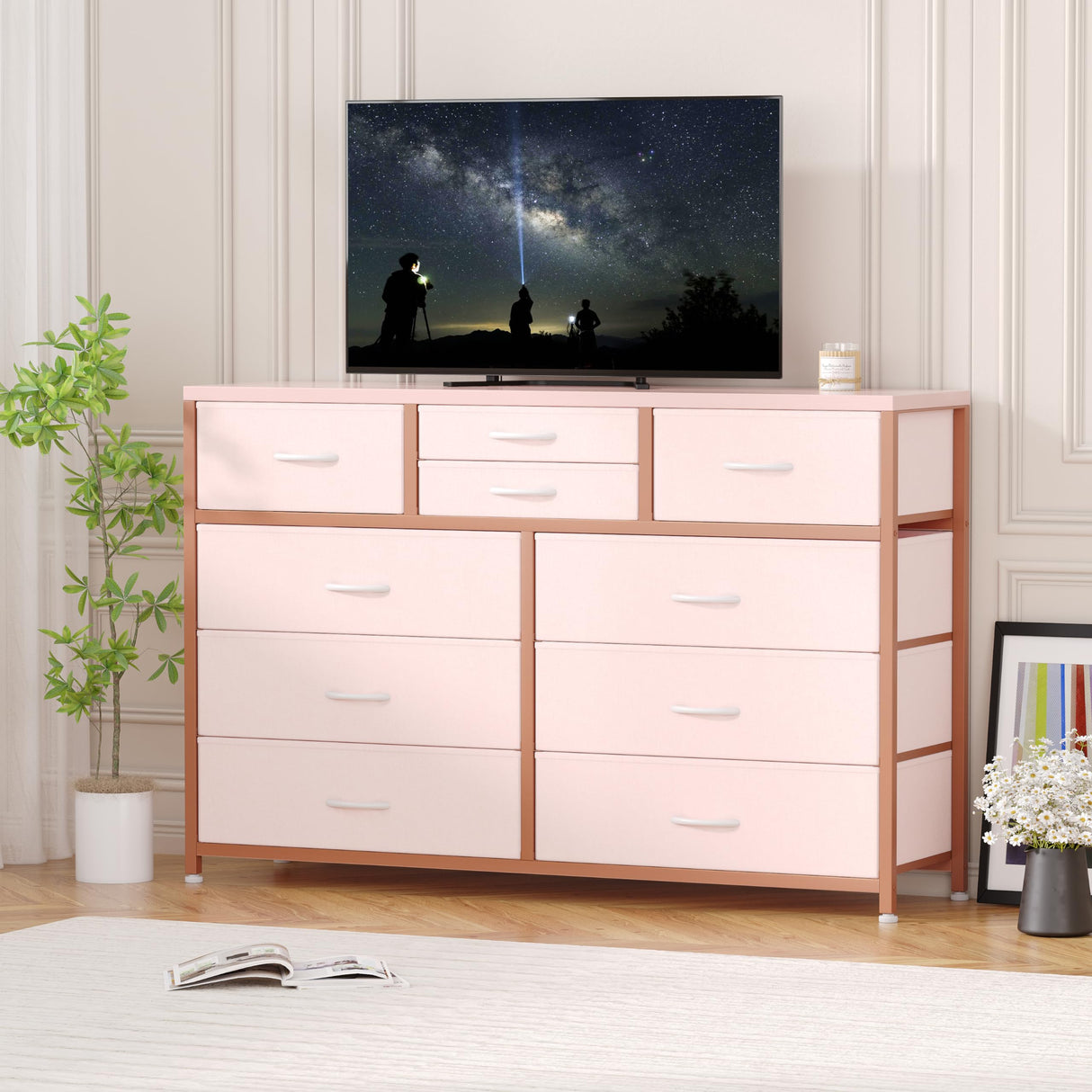 Jojoka Wide 10 Drawer Dresser,TV Stand Entertainment Center Fabric Storage Dressers Drawers for Bedroom, Hallway, Nursery, Closets, Steel Frame, Wood Top (Pink) Jojoka