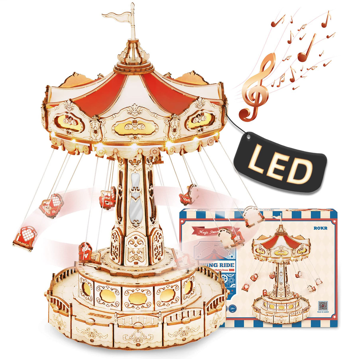 ROKR 3D Puzzles for Adults-STEM Projects for Kids-LED Swing Ride Model Building Kit-Music Box DIY Kit-Gift for Kids and Adults ROKR