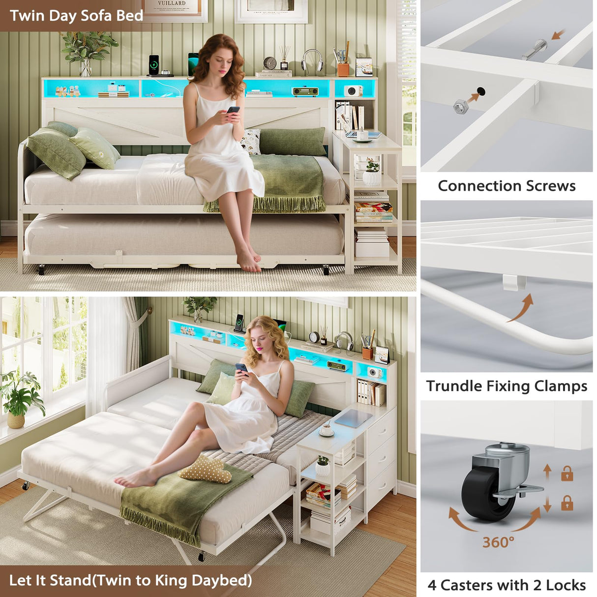 VIAGDO Daybed Twin with Pop Up Trundle, Farmhouse Wooden Day Bed Frame with 3 Storage Drawers and Shelves, Twin to King Daybed with Charging Station and LED Lights for Bedroom, Guest Room, White VIAGDO