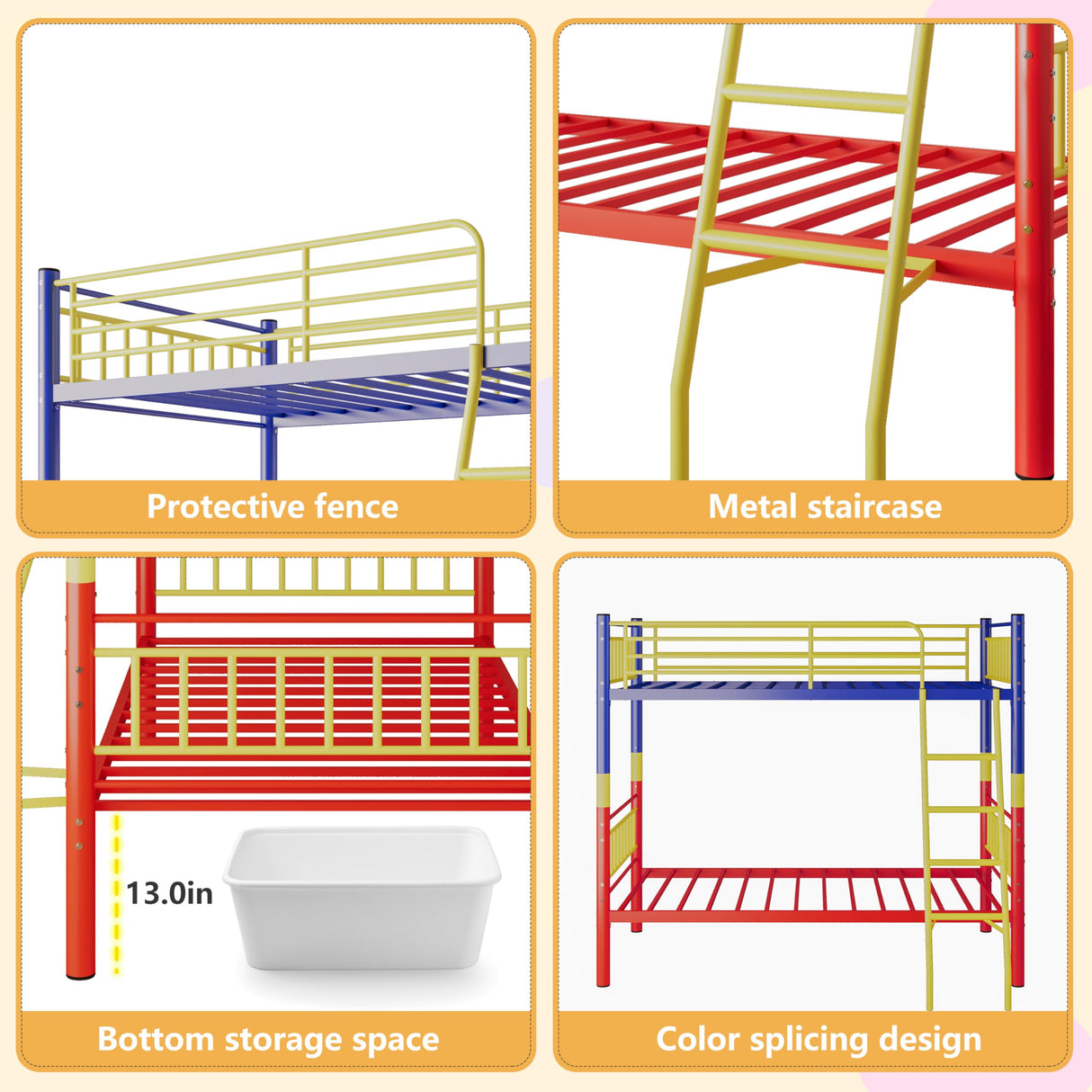 PAOFIN Metal Bunk Bed Twin Over Twin, Industrial Bunkbeds with Ladder and Full-Length Guardrail, Space-Saving Bed Frame Noise Free, No Boxing Spring Needed, Colorful PAOFIN