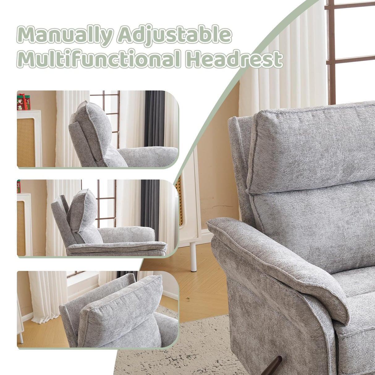 Oversized Rocking Chair Nursery with Adjustable Headrest, 26" Extra Wide Glider Recliner Nursery Chair for Nursery, 360° Swivel Rocker Recliner with Overstuffed Armrest, Light Grey RUTOX