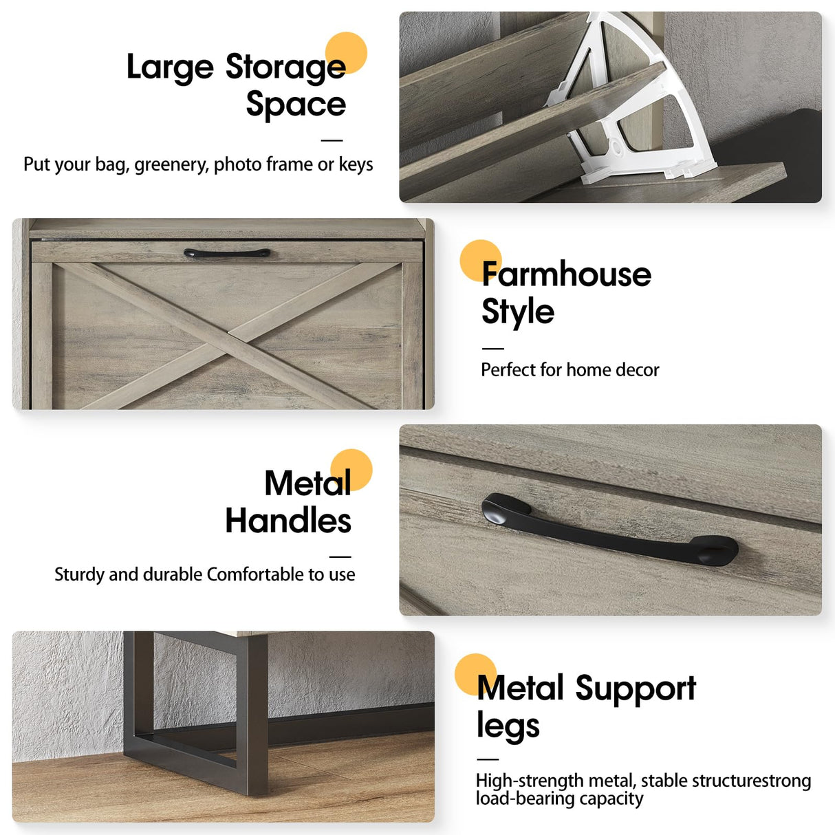 Maupvit Shoe Storage Cabinet with 3 Flip Drawers, Farmhouse Freestanding Organizer with Bench and Seat Cushion, Narrow Slim Shoe Rack Cabinet with Metal Legs for Entryway,Grey Maupvit