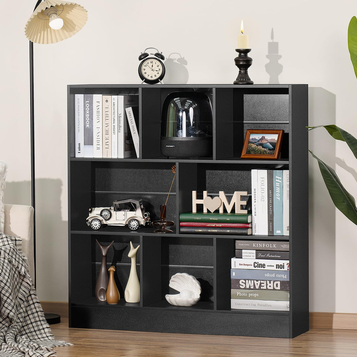 YAHARBO Modern Black 3-Tier Wide Bookshelf with 8 Cubes for Versatile Storage and Display YAHARBO