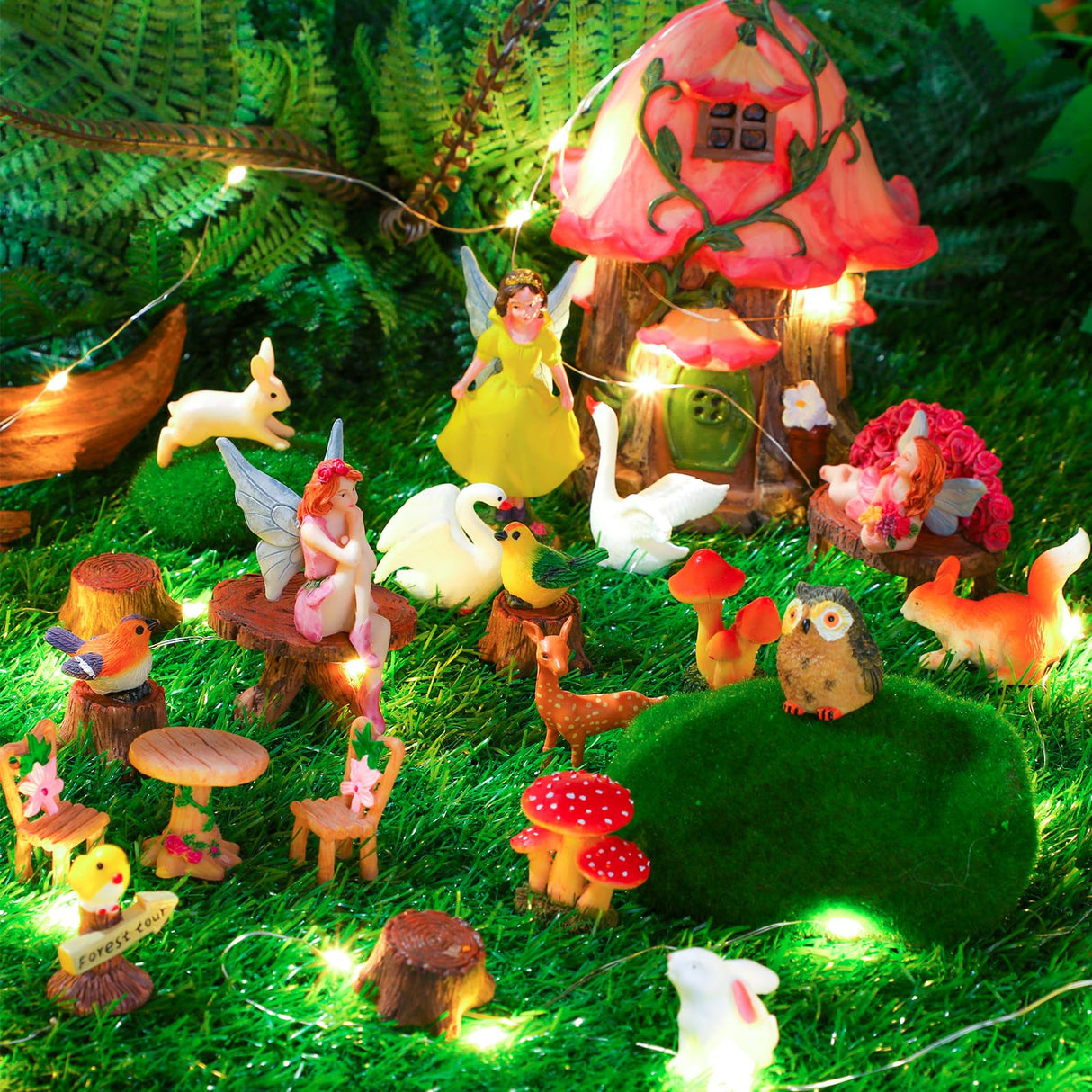 Soaoo Fairy House Garden Figurines Kit Spring Garden Decor Easter Basket Decoration Spring Decoration Outdoor Wildflower Butterfly Fairy Mushroom Party Supplies Micro Landscape Ornaments Soaoo