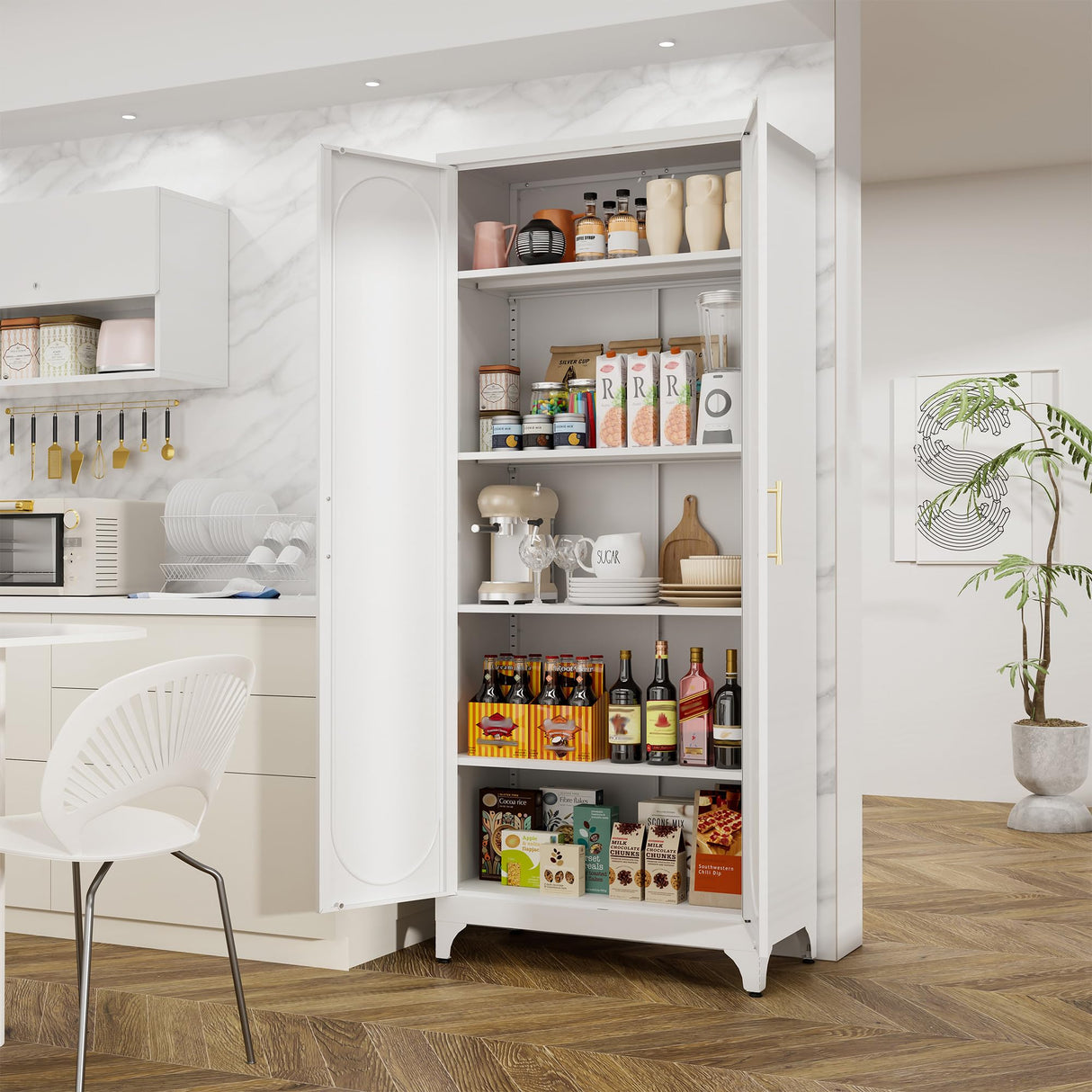 Metal Storage Cabinet with Doors, 75" Tall Kitchen Pantry Storage Cabinets, White Pantry with Adjustable Shelves, Home Office Cabinet, Large Cupboard, High Leveling Feet- Assembly Required MetalMax