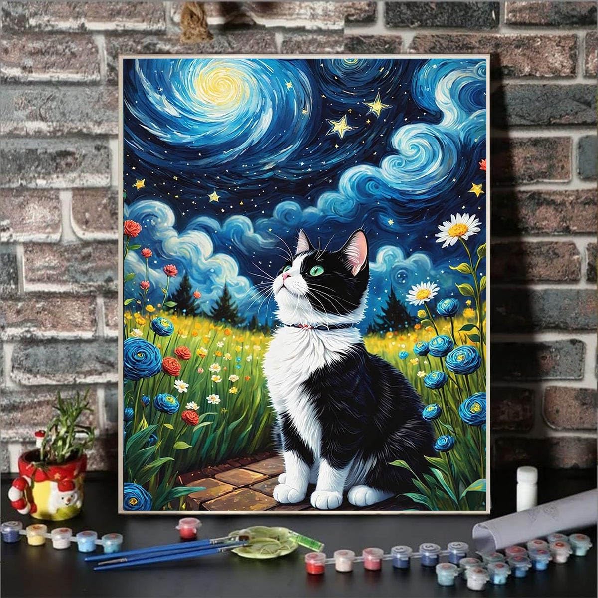 Lovepefe Starry Night Paint by Numbers Kit for Adults Beginner Cat Oil Painting Kit Adult Paint by Number Kits on Canvas DIY Painting for Beginners Art by Numbers for Gifts Home Wall Decor 16x20 Inch Lovepefe