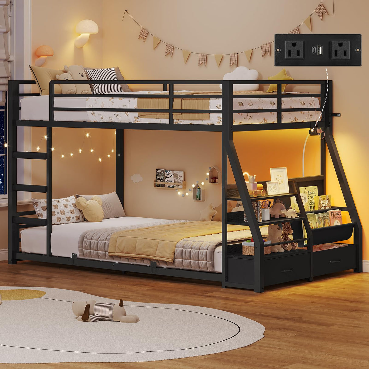 ADORNEVE Low Bunk Bed Twin Over Twin with Storage Bookshelves, 2 Drawers & Power Outlet, LED Metal Floor Bunk with Full-Length Guardrail & Metal Slats, No Box Spring Needed, for Kids, Black ADORNEVE