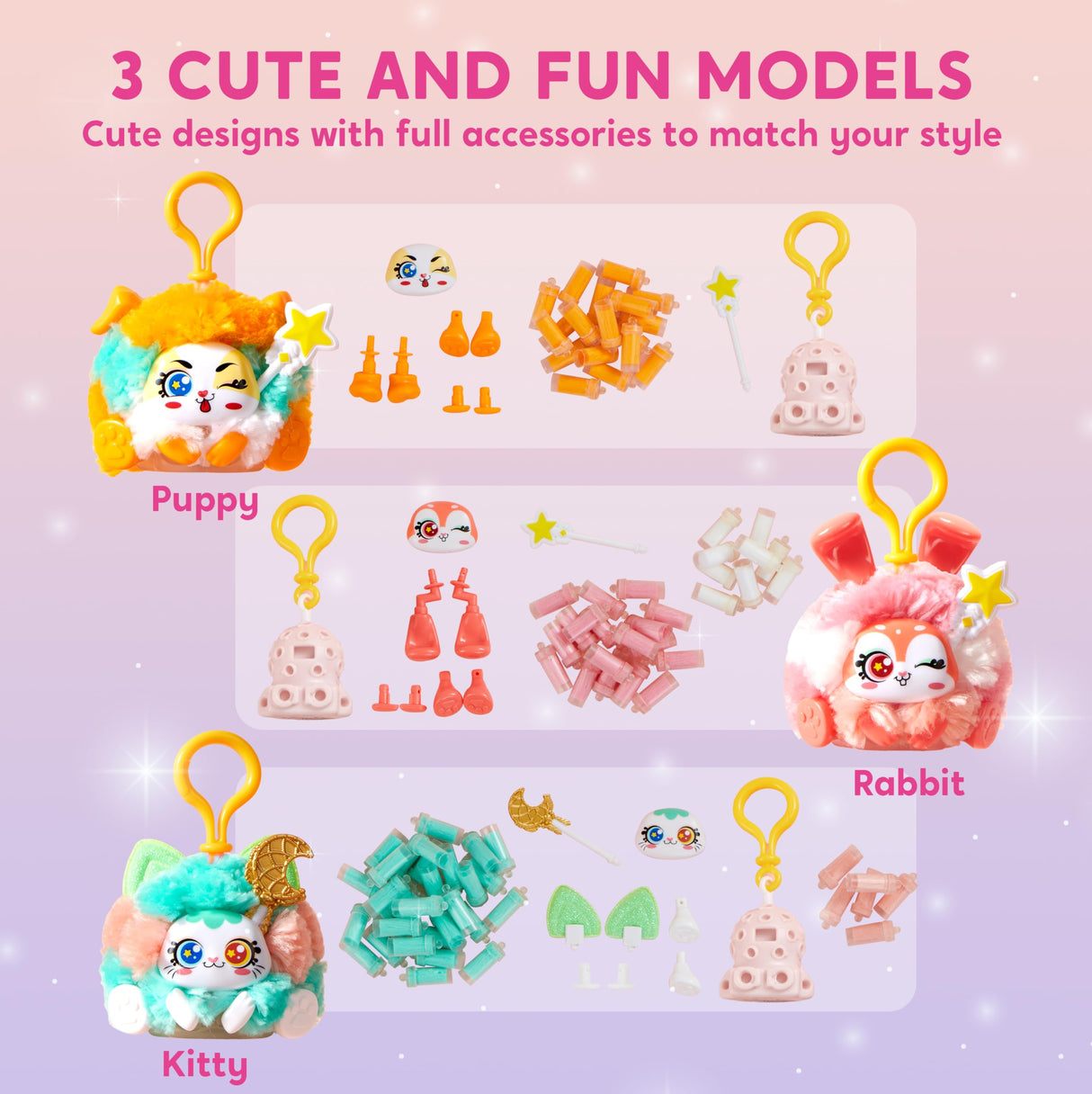 Klever Kits DIY Plush Keychain Making Craft, DIY Arts & Craft Set with 3 Models, Create Your Own Stuffed Keychain for Boys and Girls Ages 6 7 8 9 Klever Kits