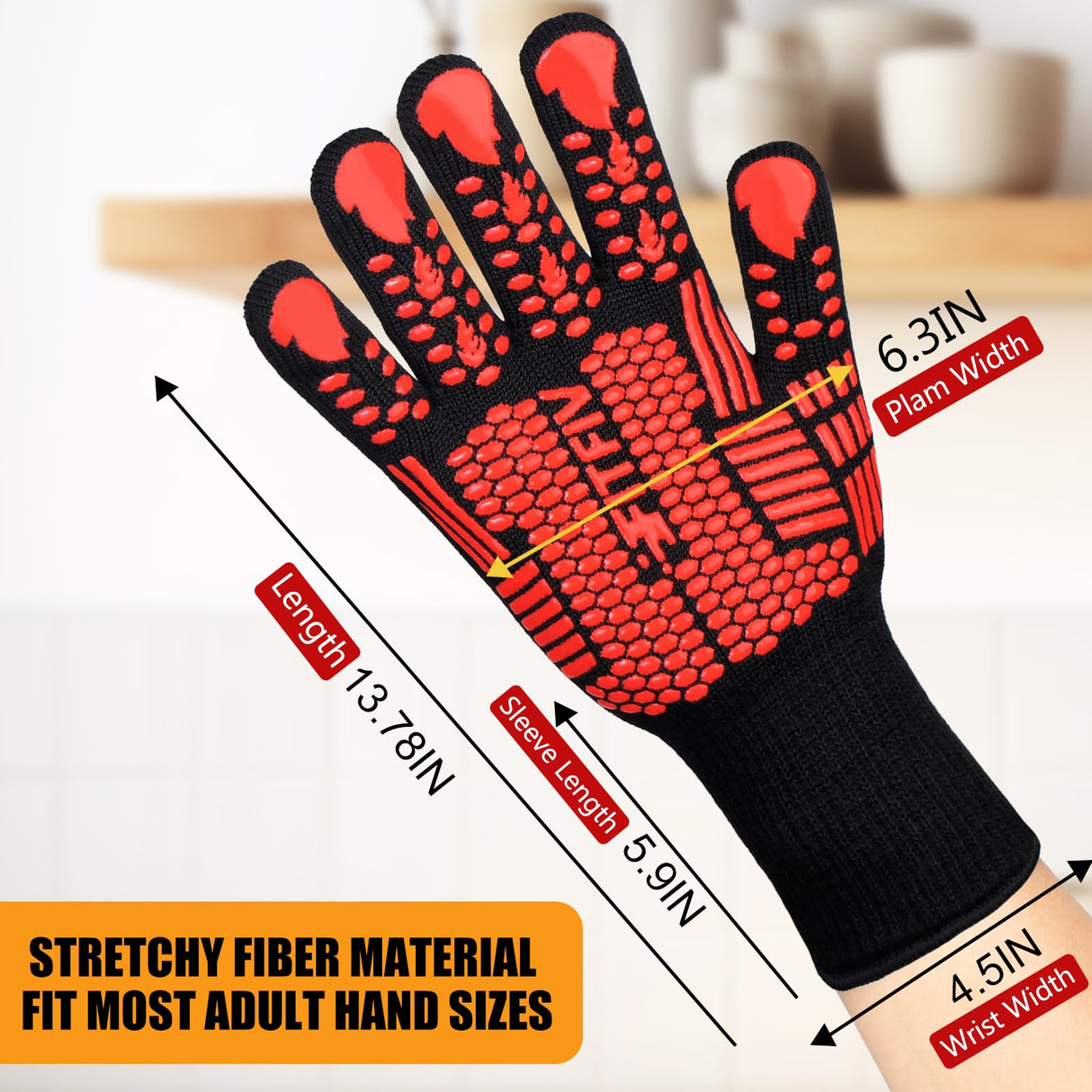 FITFIV BBQ Gloves, Extreme Heat Resistant Barbecue Gloves, Oven Mitts Silicone Non-Slip Oven Gloves, Kitchen Gloves for Cooking, Grilling, and Baking (Red) FITFIV