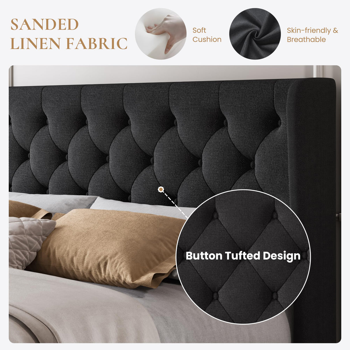 SHA CERLIN King Size Platform Bed Frame with Upholstered Headboard and Wingback, Button Tufted Design, Easy Assembly, No Box Spring Needed, Black SHA CERLIN