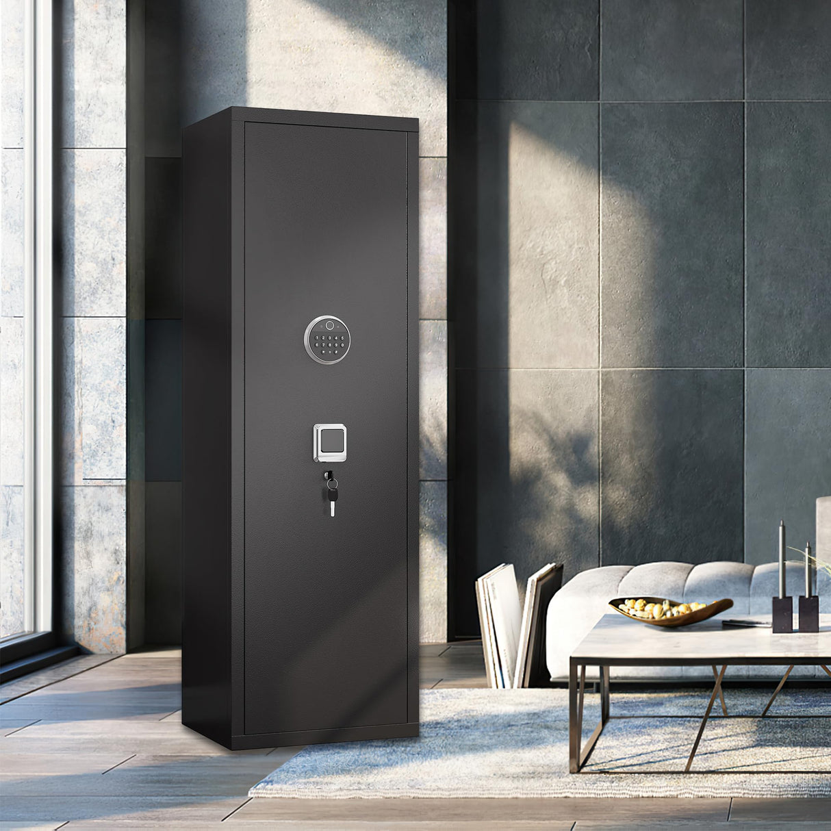 10-15 Large Gun Safe Cabinet With 3 Pistol Pouches,rifle Gun Safes for Home fireproof waterproof Adjustable Rack and Biometric Lock,Heavy-Duty Gun Safes for Rifles and Shotguns Money and Valuable PRESTELION