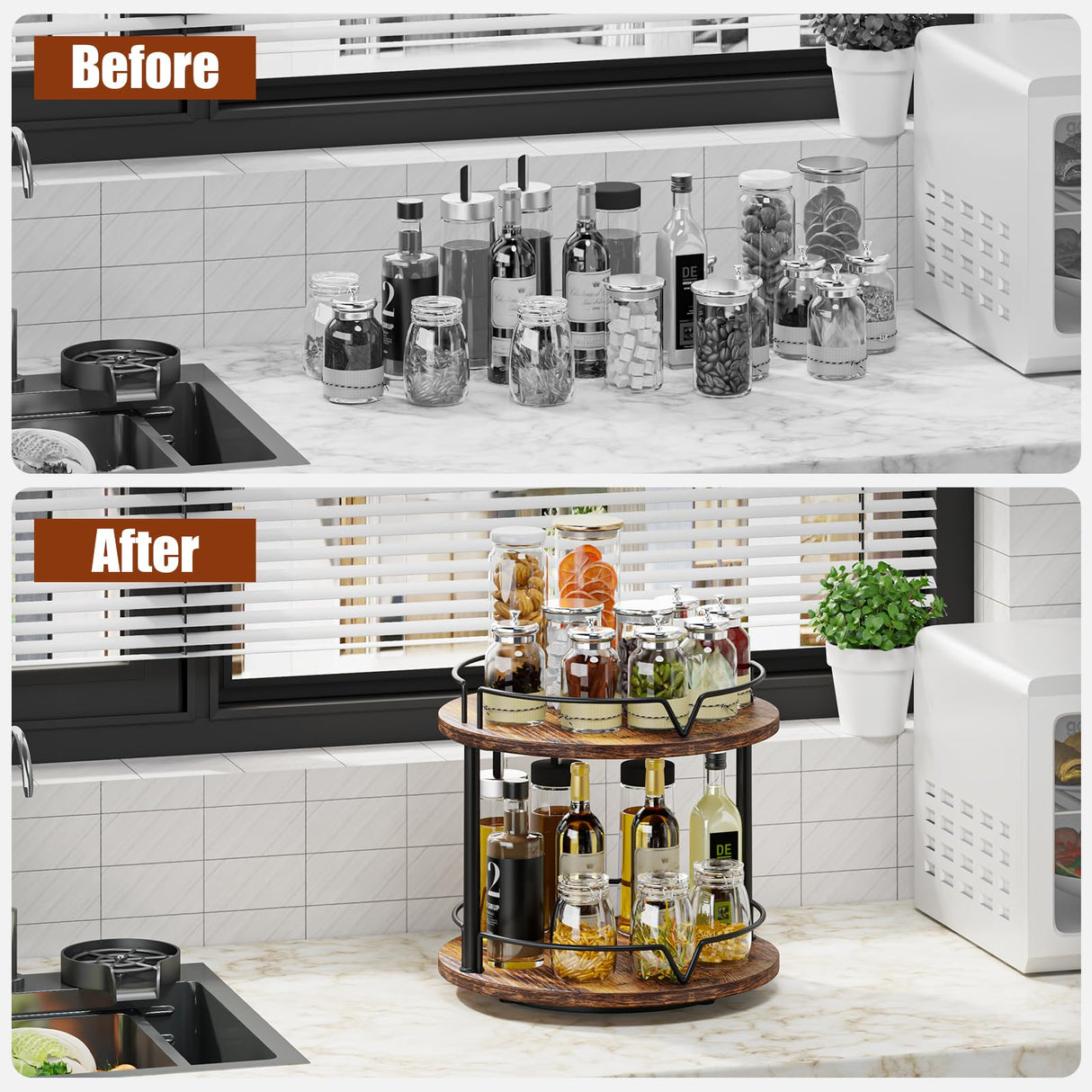 KLM 12" Wood Lazy Susan, Rotating Spice Rack, 2 Tier Spice Turntable Organizer, Industrial Turntable Spice Holder, for Kitchen Countertop and Cabinet, Compact and Versatile, Rustic Brown KLM