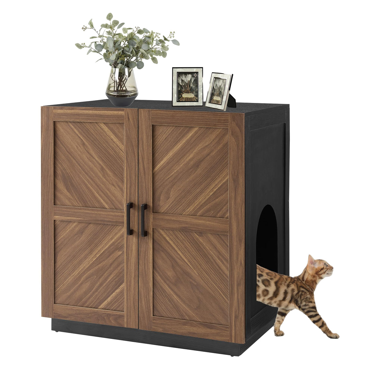 unipaws Cat Litter Box Enclosure with Shelves, Tall Hidden Litter Box Cover for Tall or Top Entry Litter Box, Kitty Enclosed Litter Box Cabinet, Cat Box Furniture, Walnut unipaws