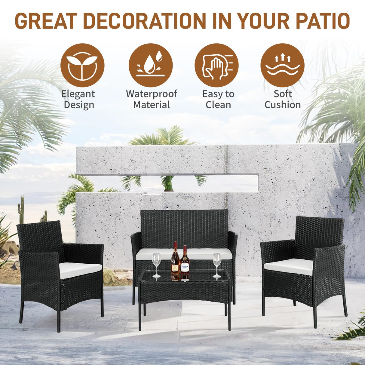 Outvita 4 Pieces Patio Furniture Set, Rattan Conversation Sets with Loveseat Soft Cushion and Glass Table for Garden Backyard Balcony Porch Poolside(Black) Outvita