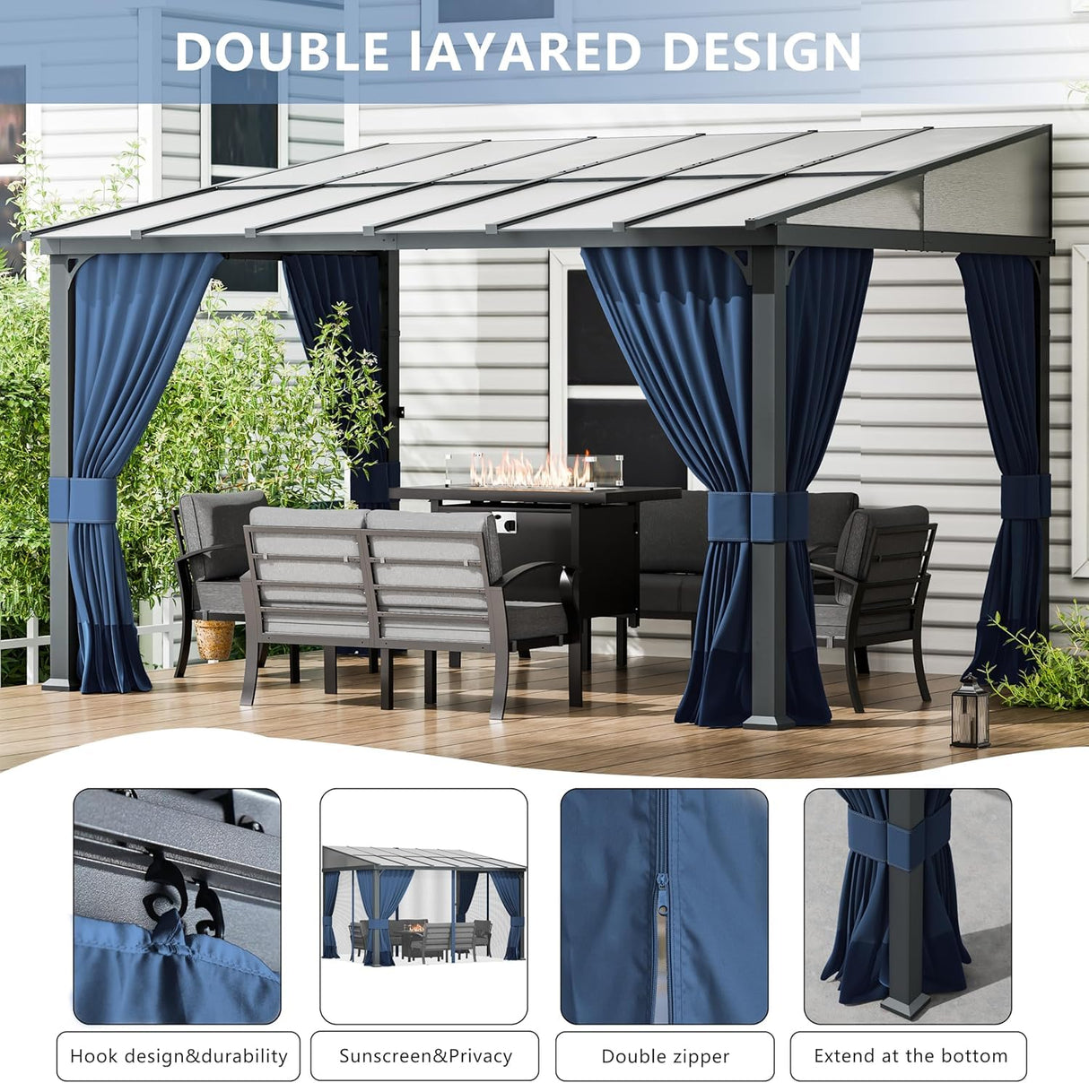 ASJMR Outdoor Lean to Gazebo 10x24FT, Hardtop Wall Mounted Gazebo with Sloping Sun Panel Roof, Awnings for Patio with Metal Frame, Double Curtains for Garden, Lawn, Backyard Deck ASJMR