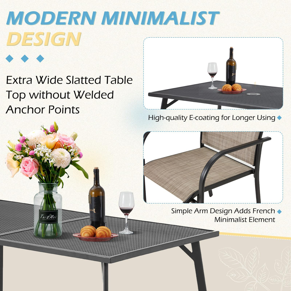 AECOJOY 5 Piece Patio Table and Chair Set for 4, Outdoor Dining Set Includes 51.2" Rectangle Table with 1.73" Umbrella Hole, 4 Stackable Textilene Chairs, for Garden, Backyard and Poolside, Dark Gray AECOJOY