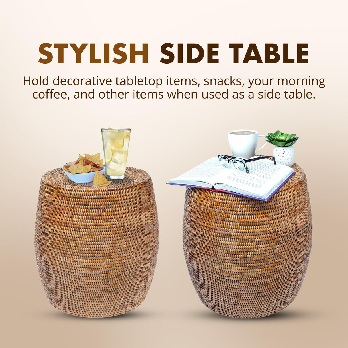 KOUBOO La Jolla Round Rattan Stool, Side Table, Handmade, Extra Seating, Patio, Living Room, Boho Decor, End Table, Honey Brown, 18" by 18" Kouboo