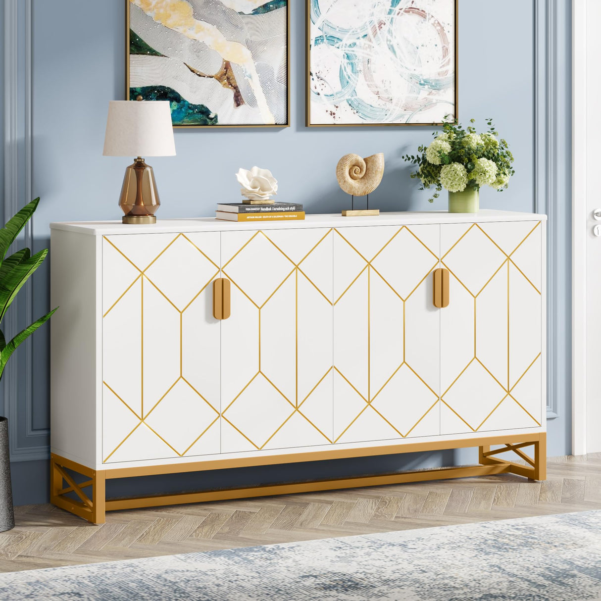 LITTLE TREE Storage Cabinet with Storage Shelves for Living Room, Modern Sideboard Buffets Cabinets Coffee Bar with Gold Metal Frame 4 Doors for Kitchen Dining Room Entryway Bedroom, White LITTLE TREE