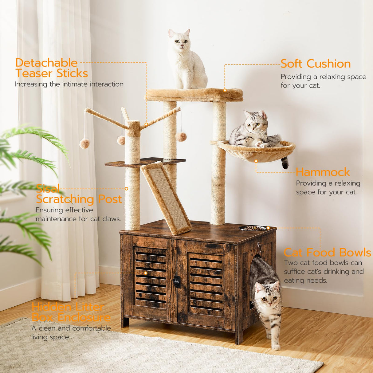 HOOBRO Cat Tree with Litter Box Enclosure, 44" Tall Wooden Cat Tower with Scratching Posts, Cat Hammock, Hidden Litter Box Furniture, All-in-One Indoor Cat Condo, Rustic Brown FG48MZ03 HOOBRO