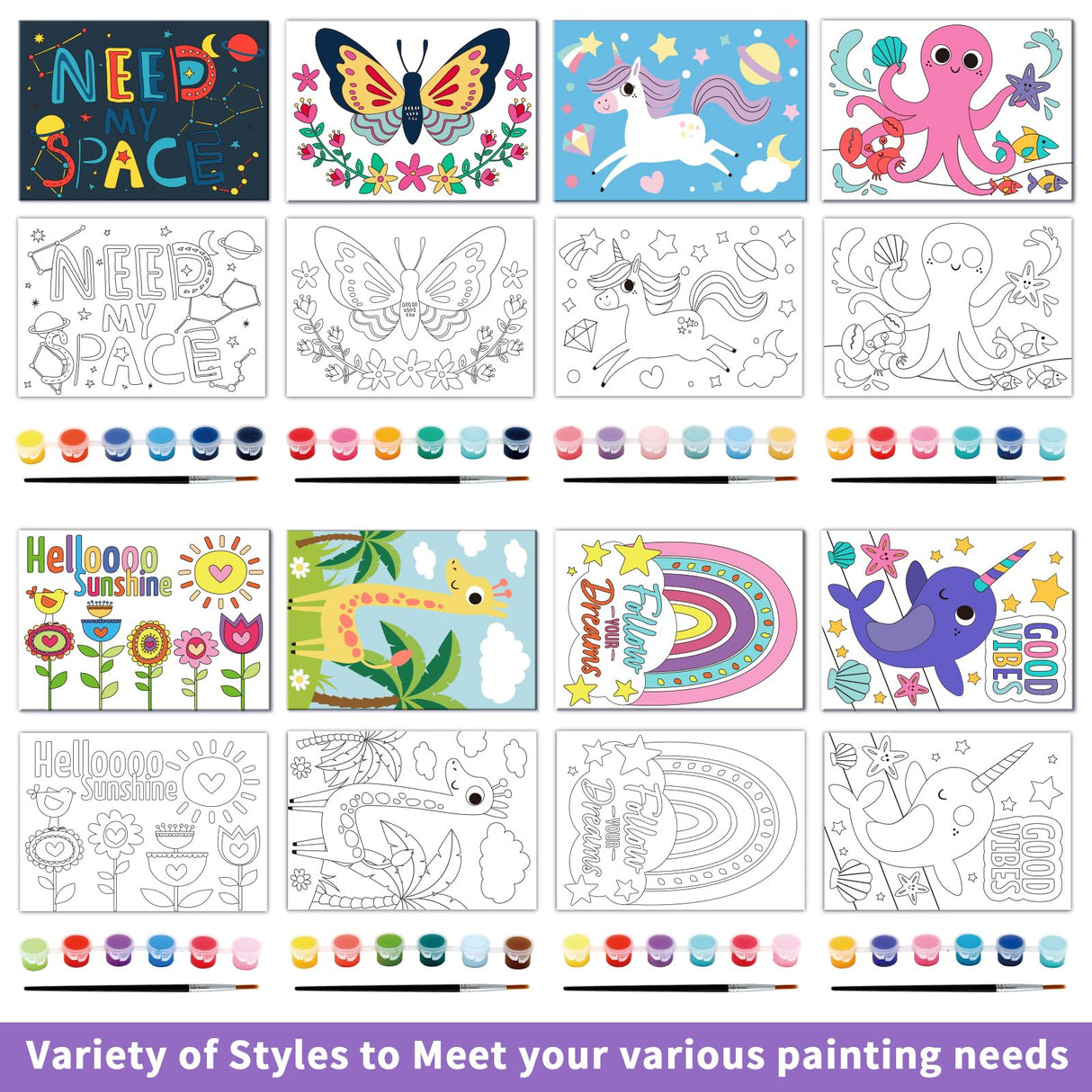 8 Packs 5x7 Pre Drawn Canvas Set,Paint by Numbers for Kids,48 Paints 8 Brushes 2 Easels,Pre-Printed Acrylic Oil Painting Kit Ages 8-12 9-12 4-8 goldentime