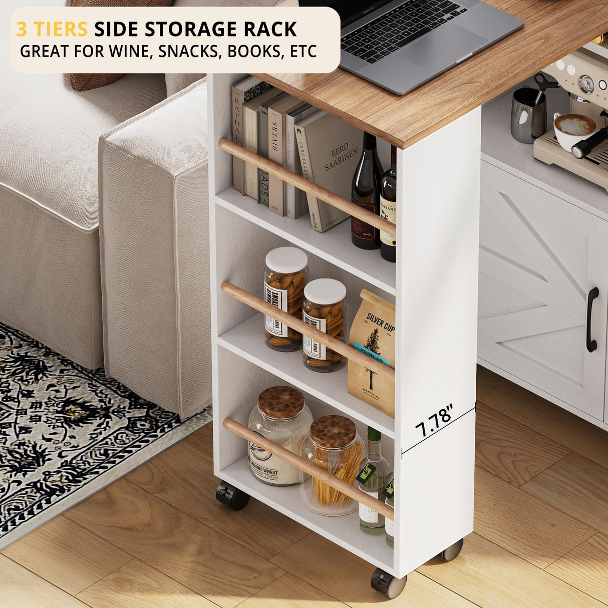 IRONCK Kitchen Island with Storage and Power Outlet, Rolling Kitchen Island on Wheels with Extendable Dining Table, Kitchen Cart with Wine Rack and 3 Open Shelves, White IRONCK