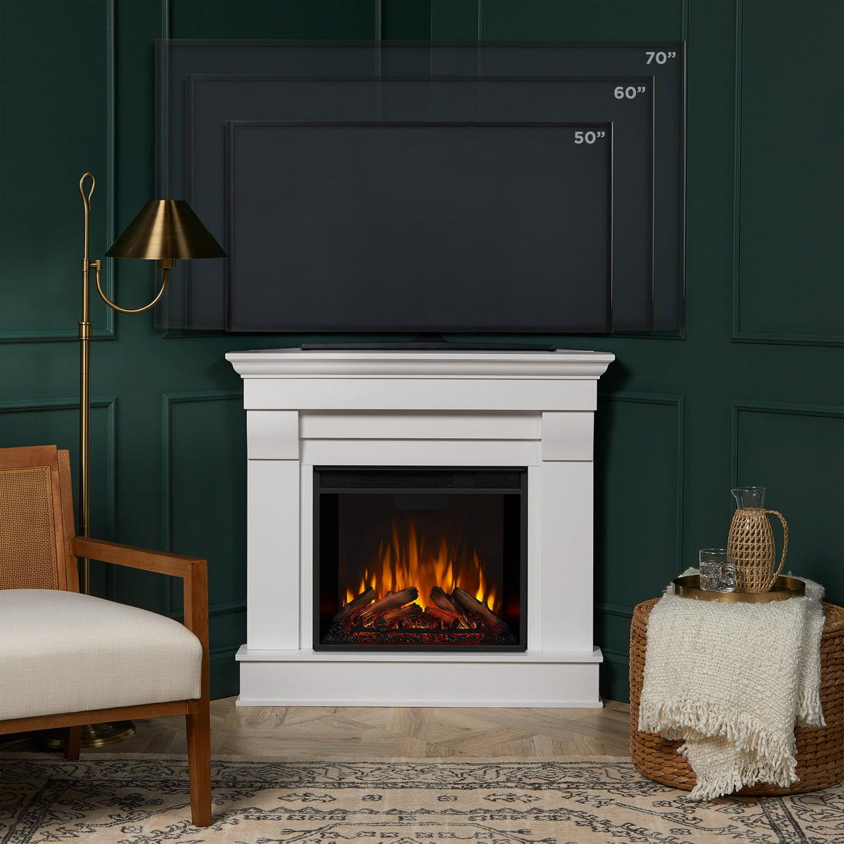 Real Flame Chateau 41" Corner Electric Fireplace with Mantel for Living Room or Bedroom, Replaceable Fireplace Insert Heater, Realistic Log and Flame Effect, Remote Control, Timer, White Real Flame