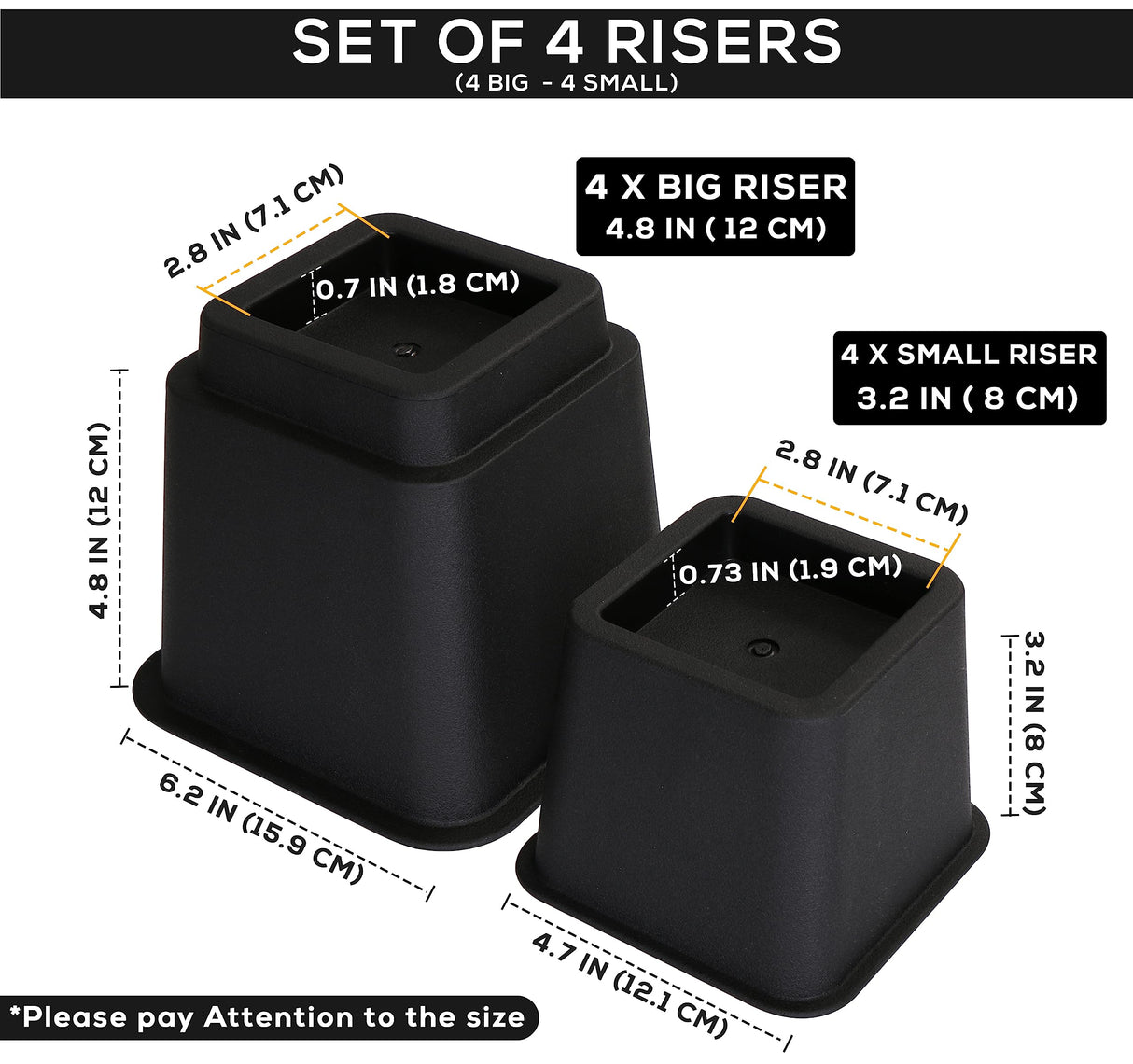 Utopia Bedding Adjustable Bed Furniture Risers - Elevation in Heights 3, 5 or 8 Inch Heavy Duty Risers for Beds - Supports up to 1,300 lbs - (Set of 4 Riser, Black) Utopia Bedding
