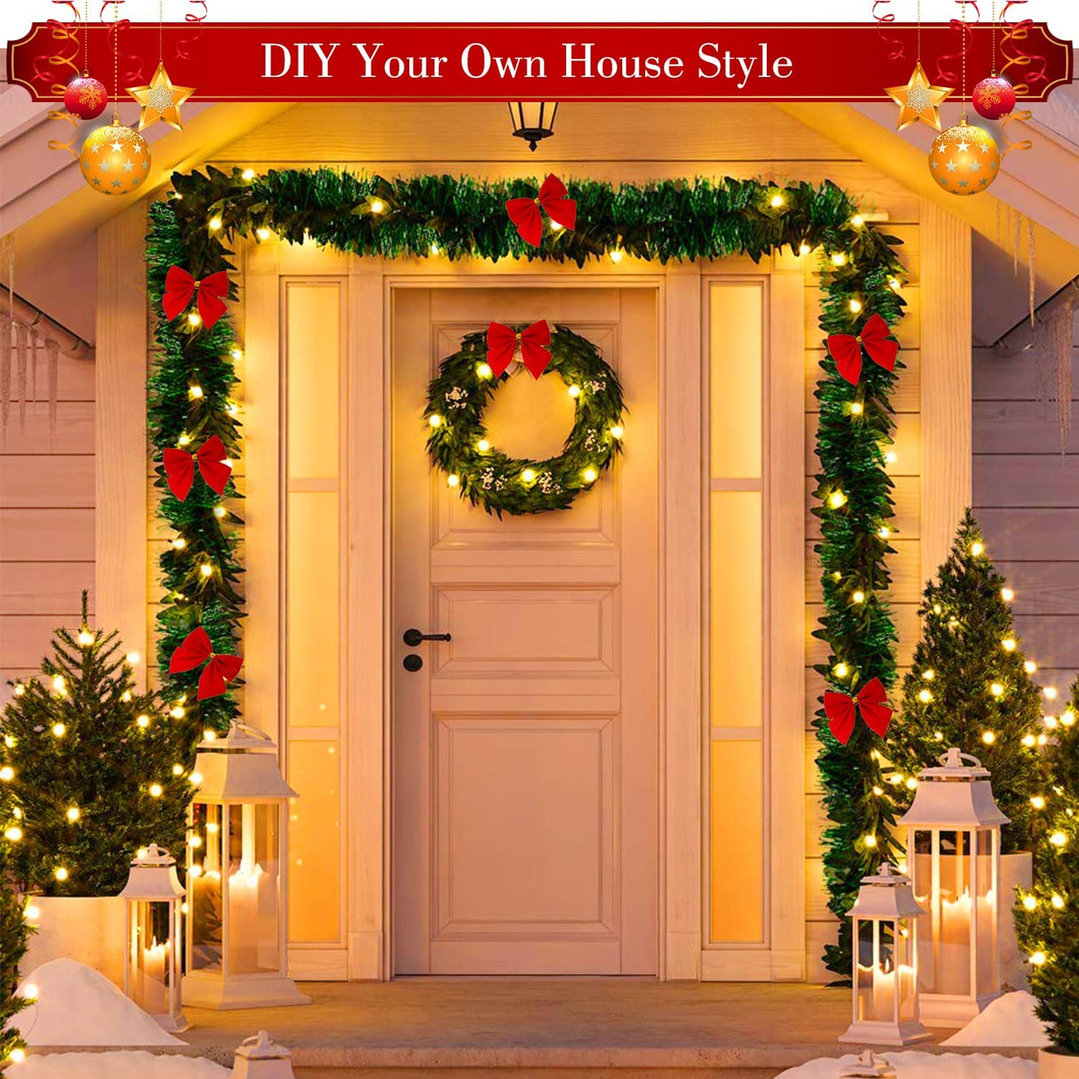 72Feet Christmas Garland, Icnice Garland Christmas Decorations with 36 Xmas Red Velvet Bow and 24Decor Ball, Artificial Pine Garland Xmas Tree Wreath Non-Lit Greenery Decoration for Home Wedding Party Icnice