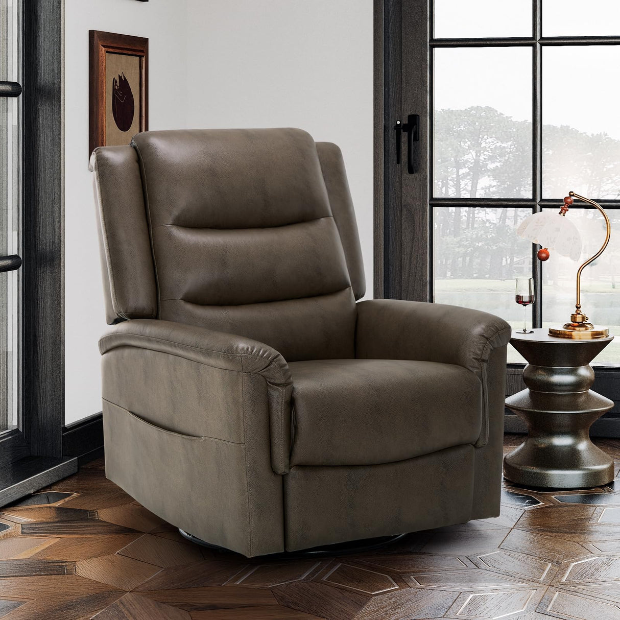 COLAMY Oversized Leather Recliner Chair, 360°Swivel Rocking Manual Recliner with Thick Cushioned Padding Backrest and Wide Seat - Lightbrown COLAMY