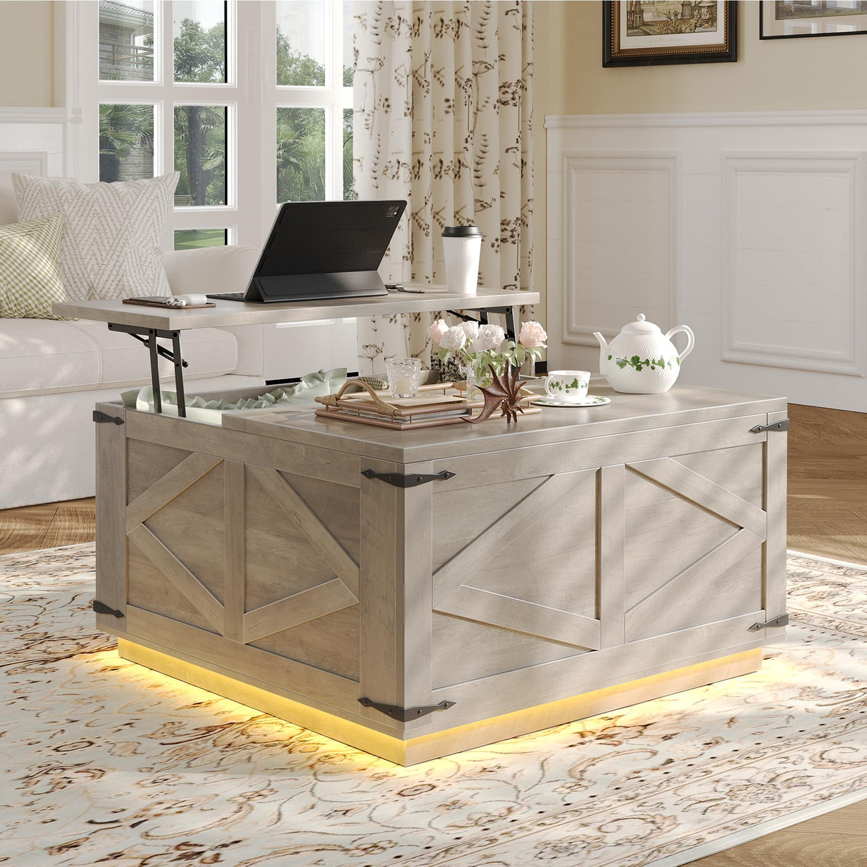 Farmhouse Coffee Table with Storage, Lift Top Coffee Table Square Wood Center Table with LED Light, Charging Station and Hidden Compartment Coffee Tables Rustic Furniture for Living Room (Gray) Jocoevol
