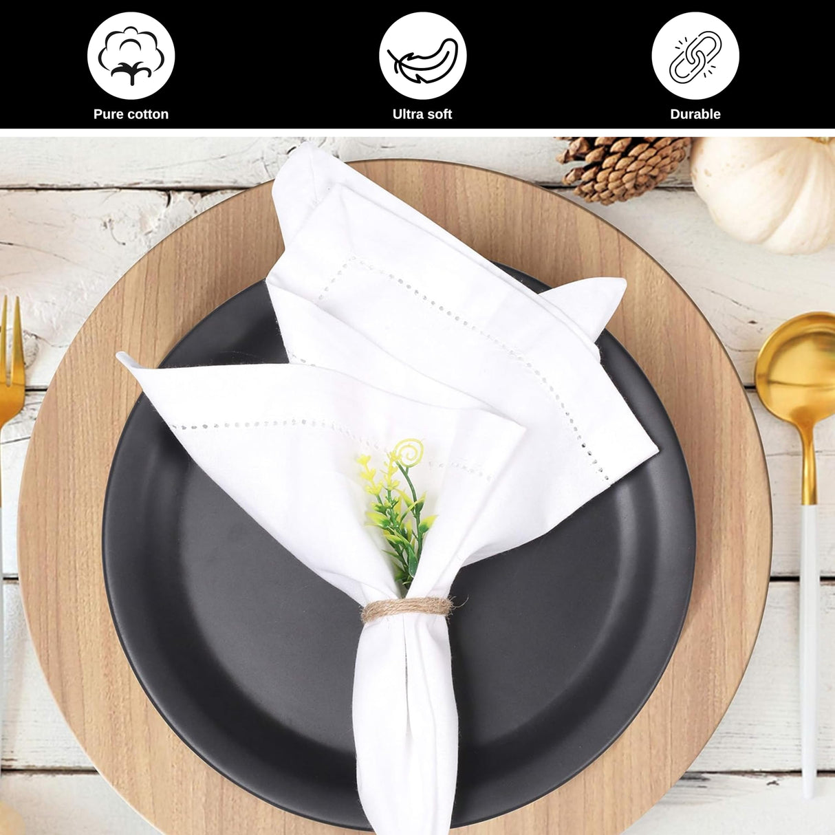 BEDDING CRAFT Set of 12 Cotton Cloth Dinner Napkin 18x18 White with Hemstitched Mitered Corners – Perfect for Wedding Dinner Parties and Table Decorations, Thanksgiving, Chritsmas Bedding Craft