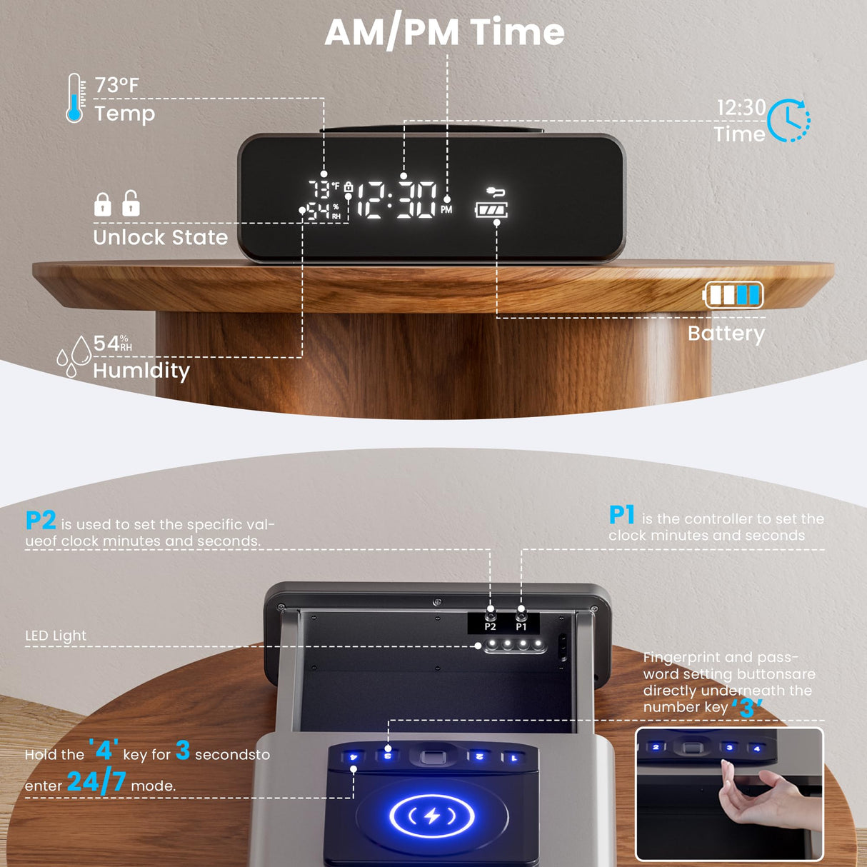 Mboko Biometric Discreet Gun Safe with 12-Hour Time Clock Display, Wireless Charging Gun Safe for Handgun with Adjustable Brightness, Backlit Keypad, LED Light, and Auto Pop-up Access Mboko