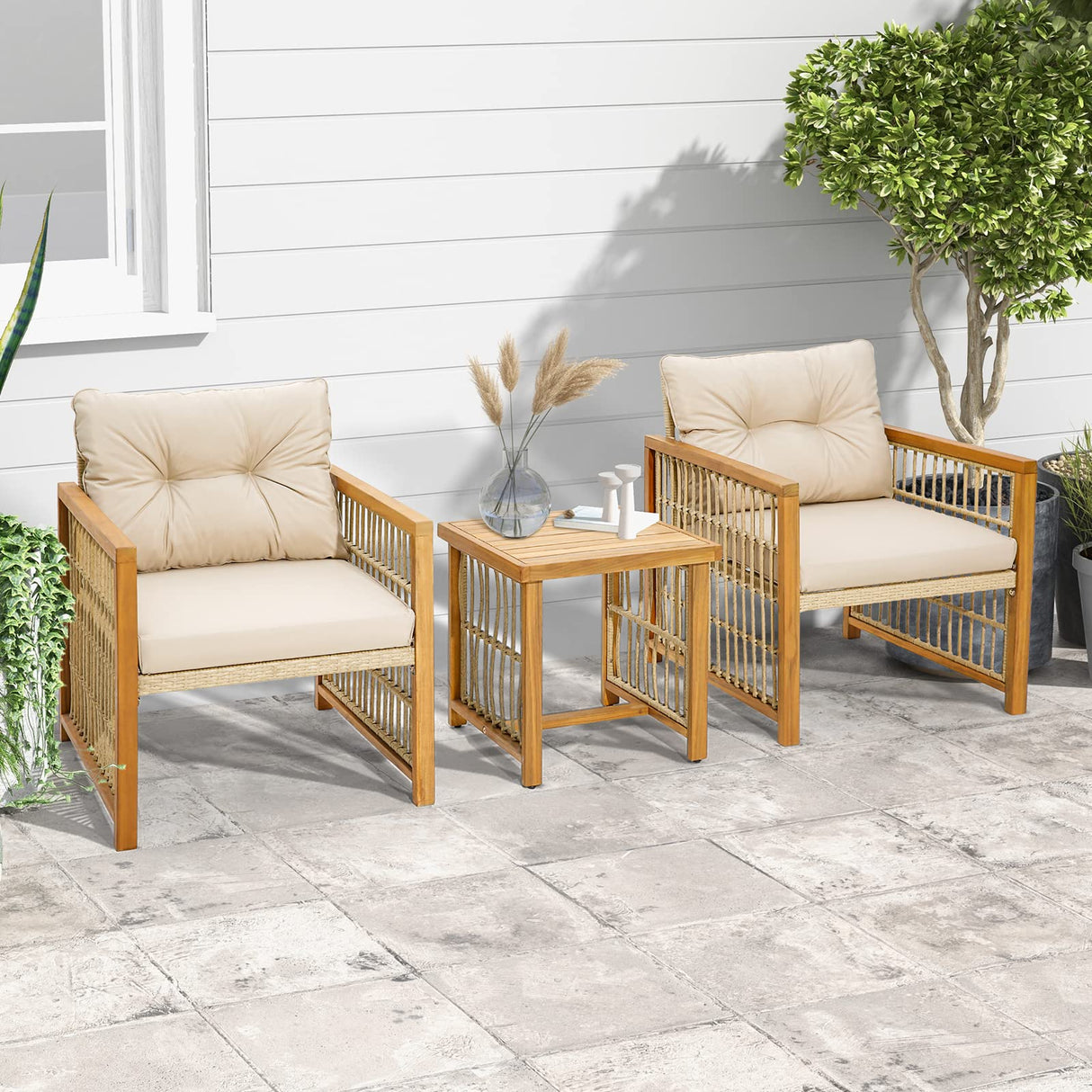 Tangkula 3 Pieces Acacia Wood Patio Furniture Set, PE Wicker Bistro Set with Cushioned Chairs and Coffee Table, Outdoor Conversation Set for Porch, Deck, Balcony, Backyard (Beige) Tangkula