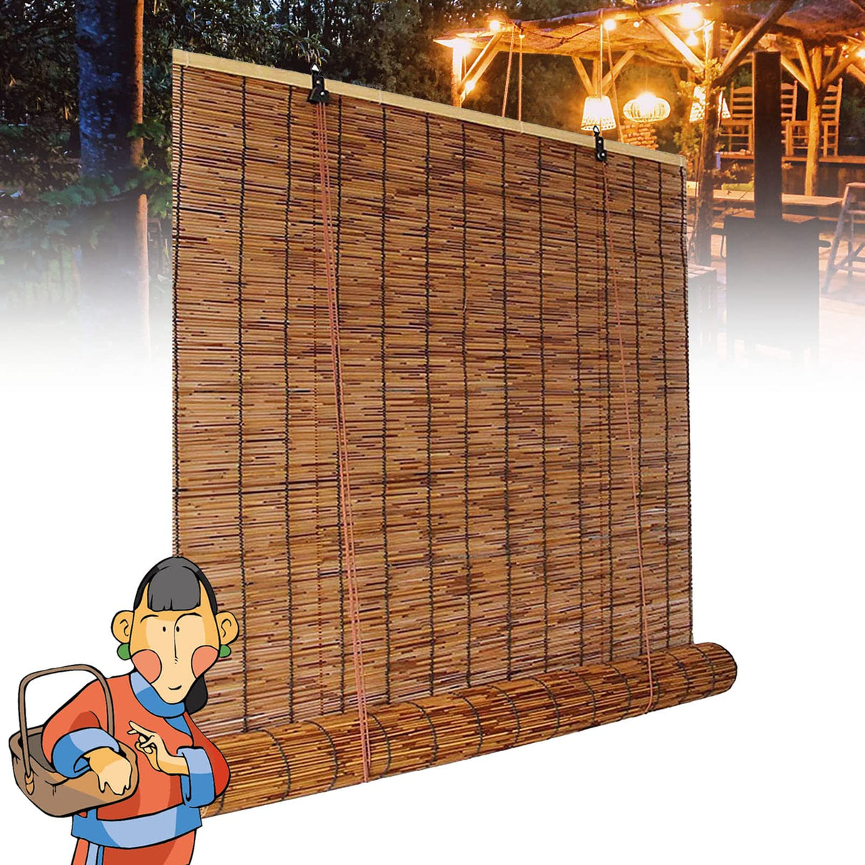 Patio Shades Roll Up Outdoor Bamboo Blinds for Outdoor Patio Bamboo Roll Up Shades, Bamboo Shades for Patio Outdoor Blinds for Porch Bamboo Roll Up Blinds 34×79in(W×H) Brown OCAZI