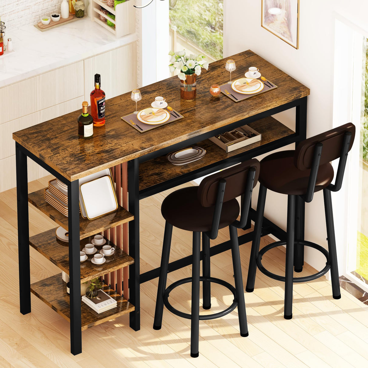 Recaceik Rustic Brown Counter Height Dining Set with Bar Table and 2 Upholstered Stools and Storage Shelves Recaceik