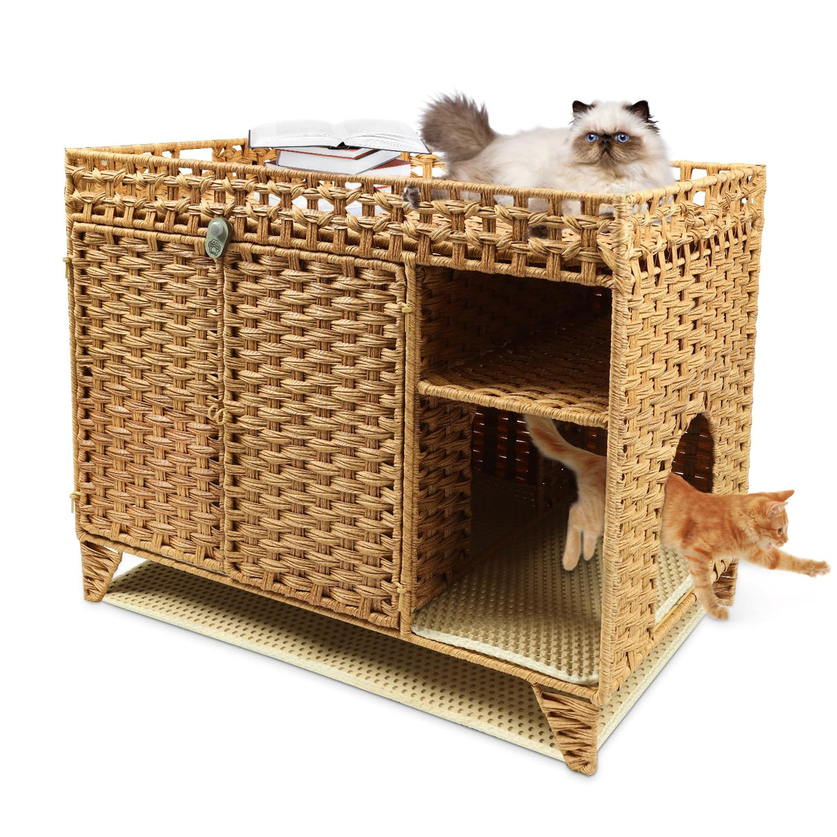 Forotone Cat Litter Box Enclosure, Hidden Cat Washroom Furniture with Litter Mat, Rattan Indoor Large Pet House with Door, for Living Room, Bedroom, Balcony Forotone