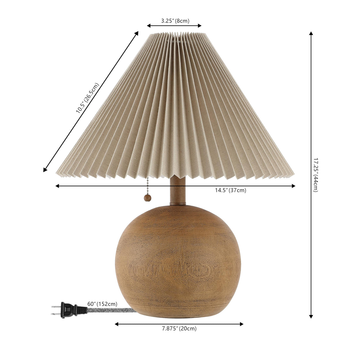 JONATHAN Y JYL1145A Aksel 17.25" Coastal Scandinavian Resin/Iron Sphere LED Table Lamp with Pleated Shade and Pull Chain, Brown Wood Finish/Beige, for Entry Console, Bedroom, Living Room JONATHAN Y