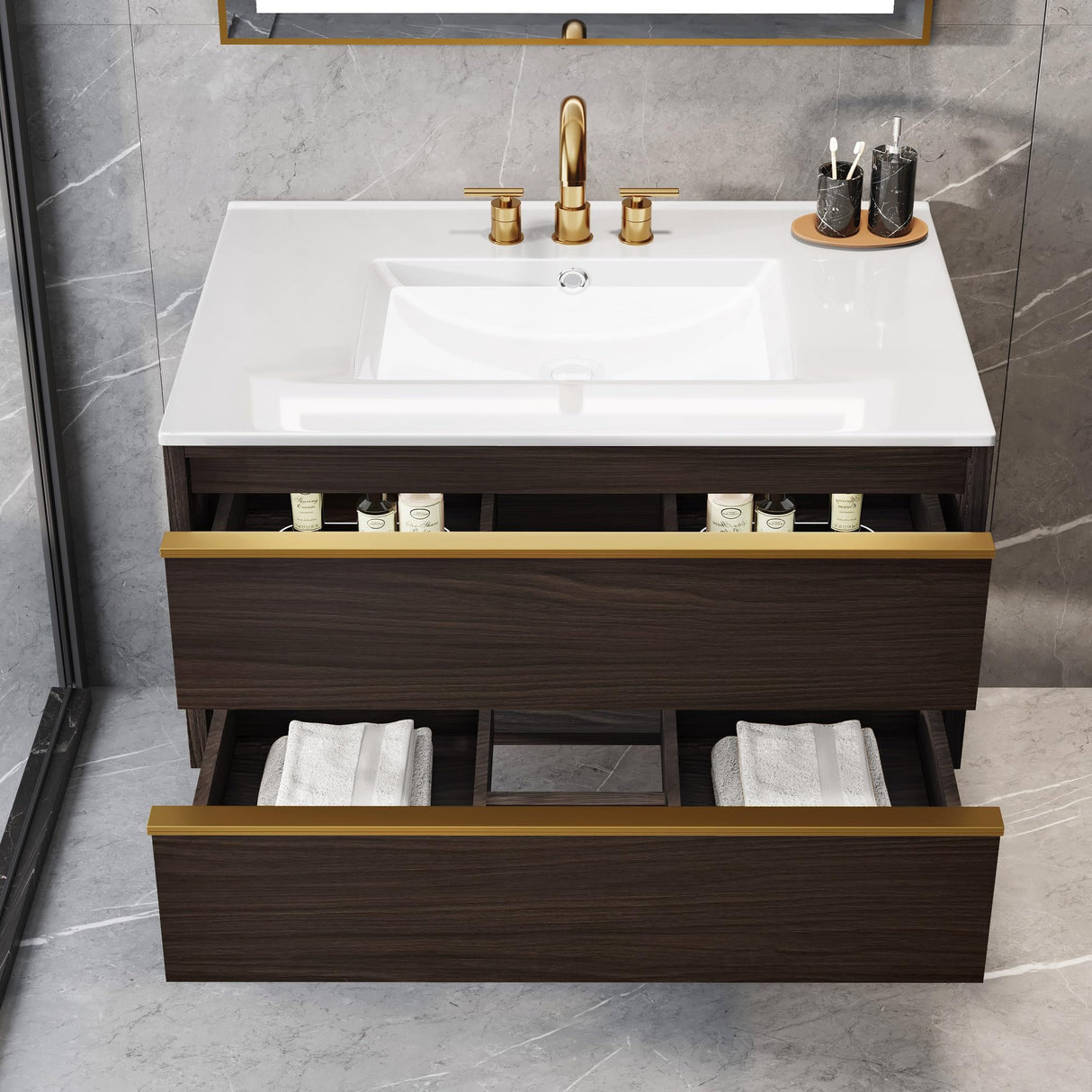 DWVO 32 Inch Bathroom Floating Vanity with Sink Combo, Wall Mount Bathroom Vanity Sintered Stone Countertop & Integrated Sink, Bathroom Cabinet Includes Ceramic Sink with Cabinet, Oak Grey DWVO