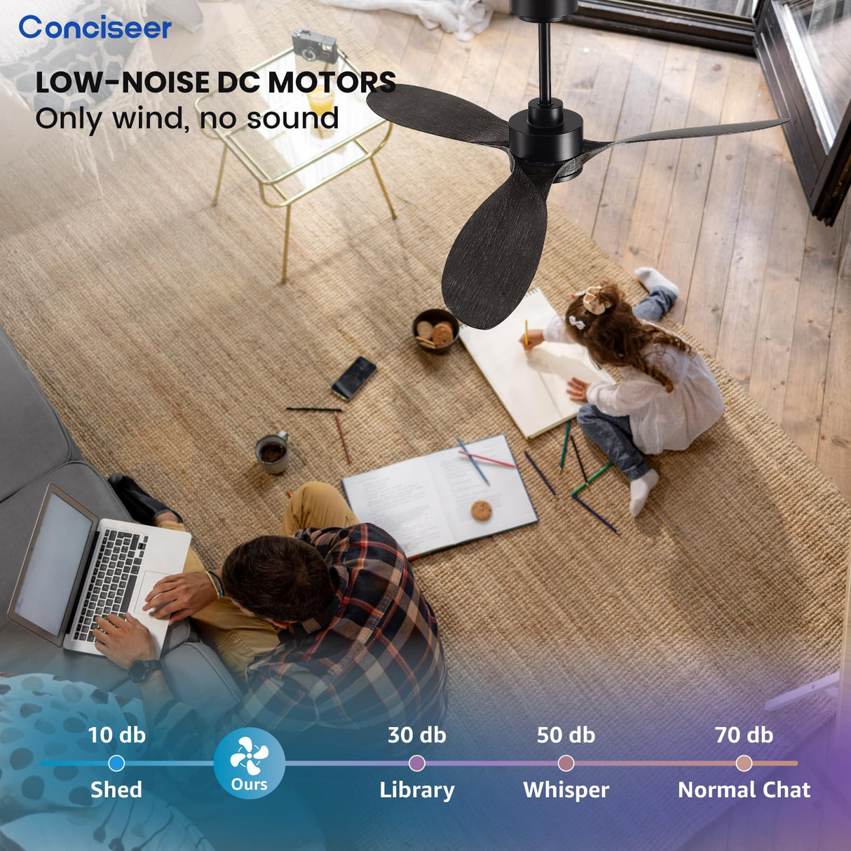 Wood Ceiling Fans with Lights, 52 Inch Ceiling Fans with Light and Remote for Bedroom Living Room Kitchen Office, Indoor/Outdoor Use, 3CCT Dimmable, 3 Blades 6 Speed Reversible Quiet DC Motor, Black Conciseer