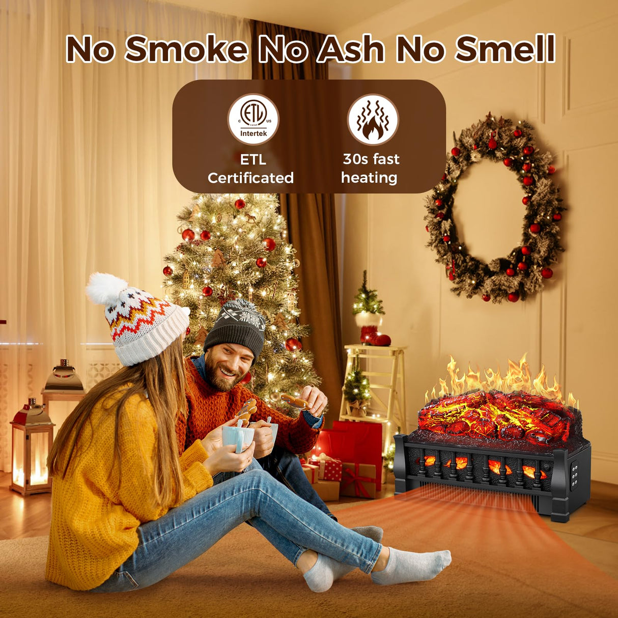 Joy Pebble Electric Fireplace Insert Log Heater 21",750W/1500W Adjustable 5 Flame Brightness,5 Speed Mode,Fireplace Insert with Realistic Ember Bed and Traditional Brown Log,Remote Control Joy Pebble