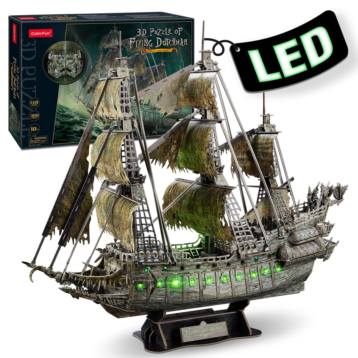 CubicFun 3D Puzzles for Adults Green LED Flying Dutchman, 360 Pieces Pirate Ship Arts & Crafts for Adults Gifts for Men Women Model Kit, Lighting Ghost Ship Easter Gifts Valentine's Day Gift CubicFun