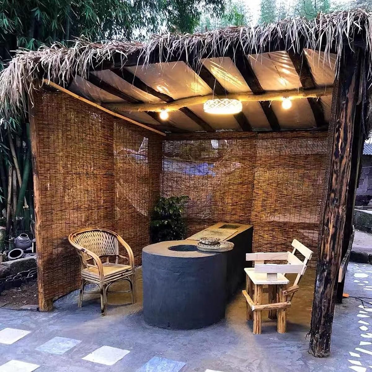 Blackout Bamboo Blinds, Bamboo Roll Up Shades for Indoor Windows, Waterproof Cordless Roller Shades Privacy Partition Outdoor Natural Reed Curtains for Home Patio Porch 34 Inch W x 60 Inch H VELLOW